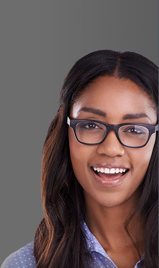 Young woman with straight teeth and glasses