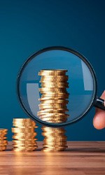 Person using a magnifying glass to examine increasingly taller stacks of coins
