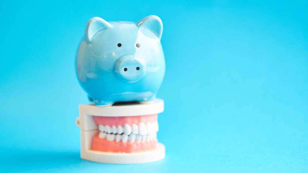 blue piggy bank on top of tooth model 