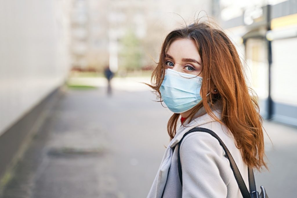 Closeup of woman wearing a face mask