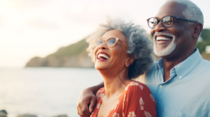 an older couple with veneers smiling at the beach