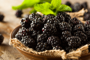a closeup of a bowl of blackberries
